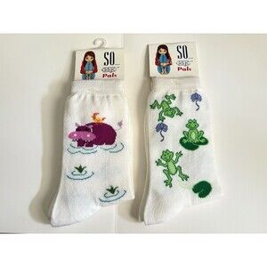 2 Packs So Gsjc Pal Socks Frog -Hippo/  Size 4-10 White With Print  Crew Animal